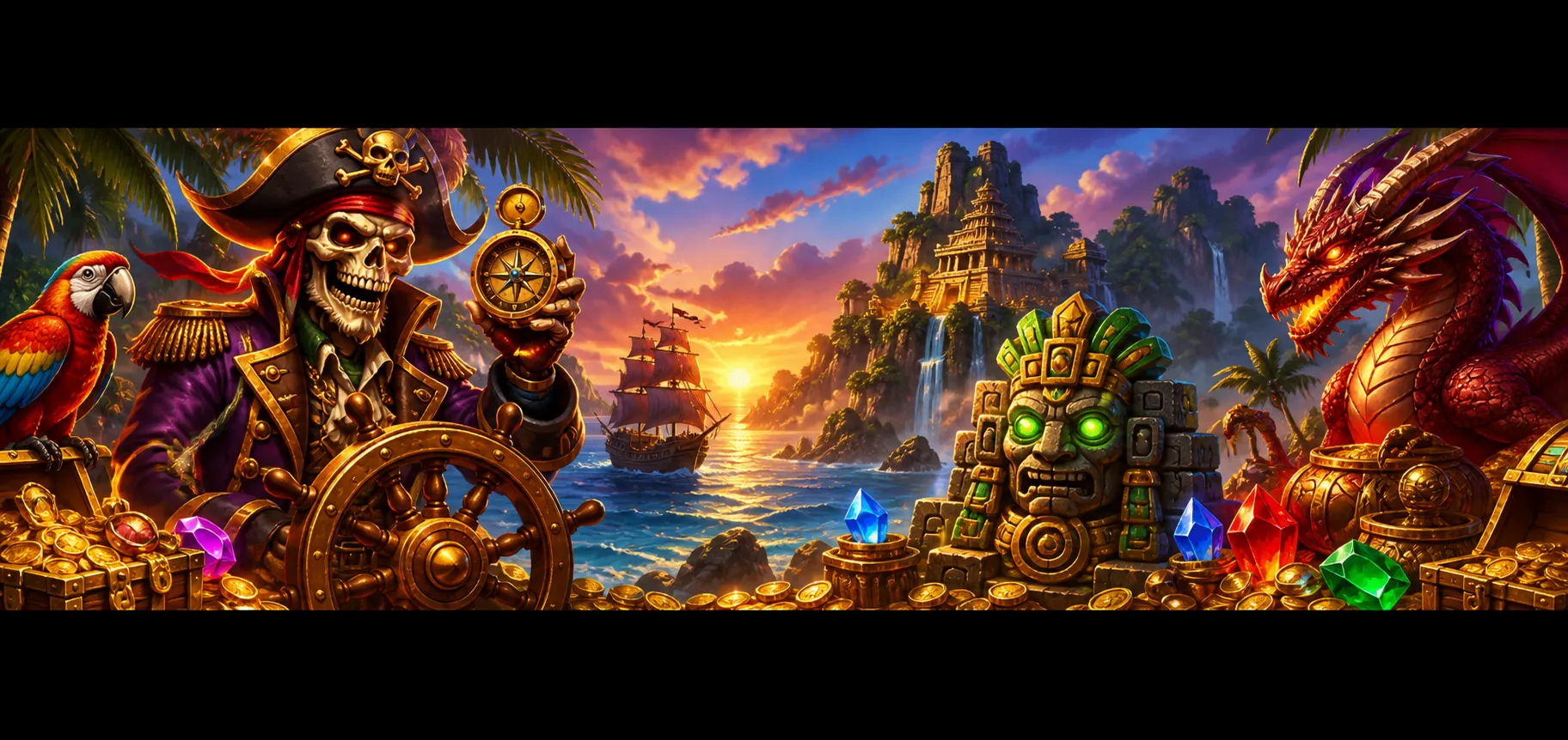 Ultra-wide slot game visuals with recognizable characters, creatures, and panoramic environments.
